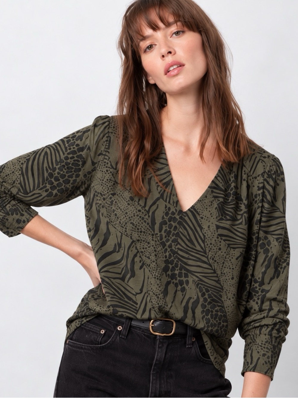 Rails The Sami Olive Mixed Animal Print V-Neck Long Sleeve Top Women XL